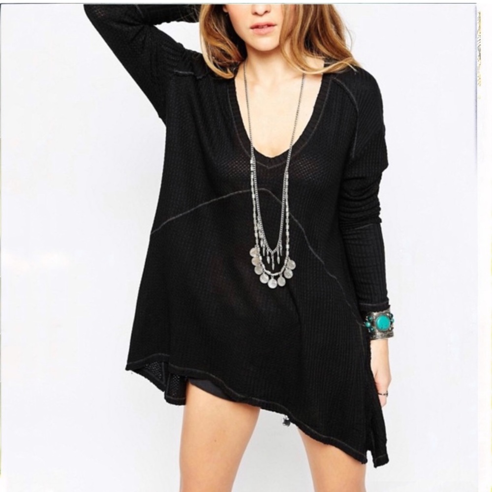 Free People Waffle Knit V-Neck Tunic Top Raw Hem Oversized Fit